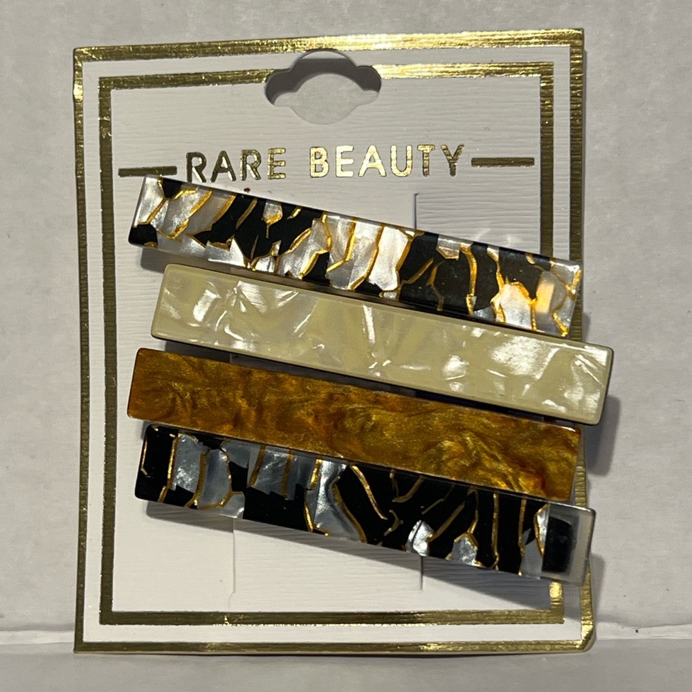 Rare Beauty Style Hair Clip Set – 4 Pack Acrylic Barrettes – Marble & Gold